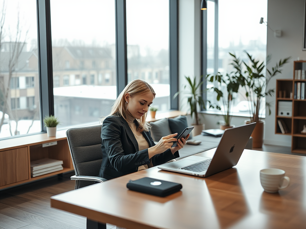 A woman in a suit sits at a desk, using her phone while working on a laptop in a stylish, modern office.