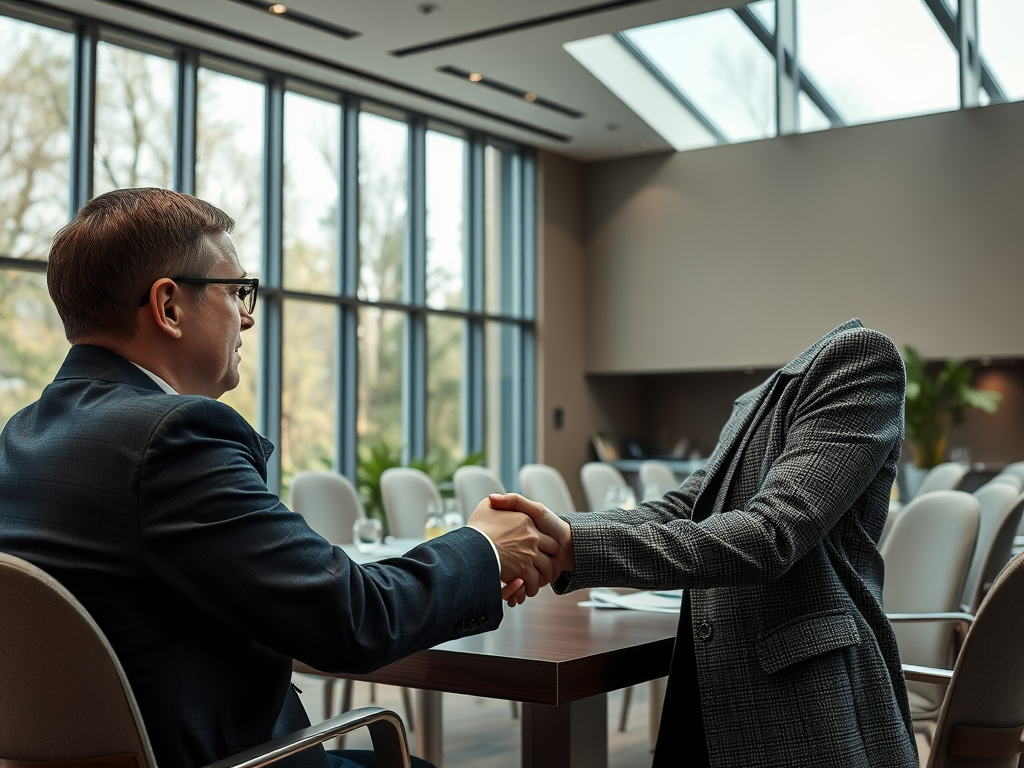 Two people shaking hands in a modern conference room, one person is missing their head.