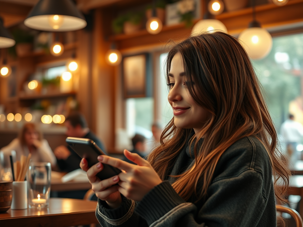 A young woman with long hair smiles while using her smartphone in a cozy café, surrounded by soft lighting.