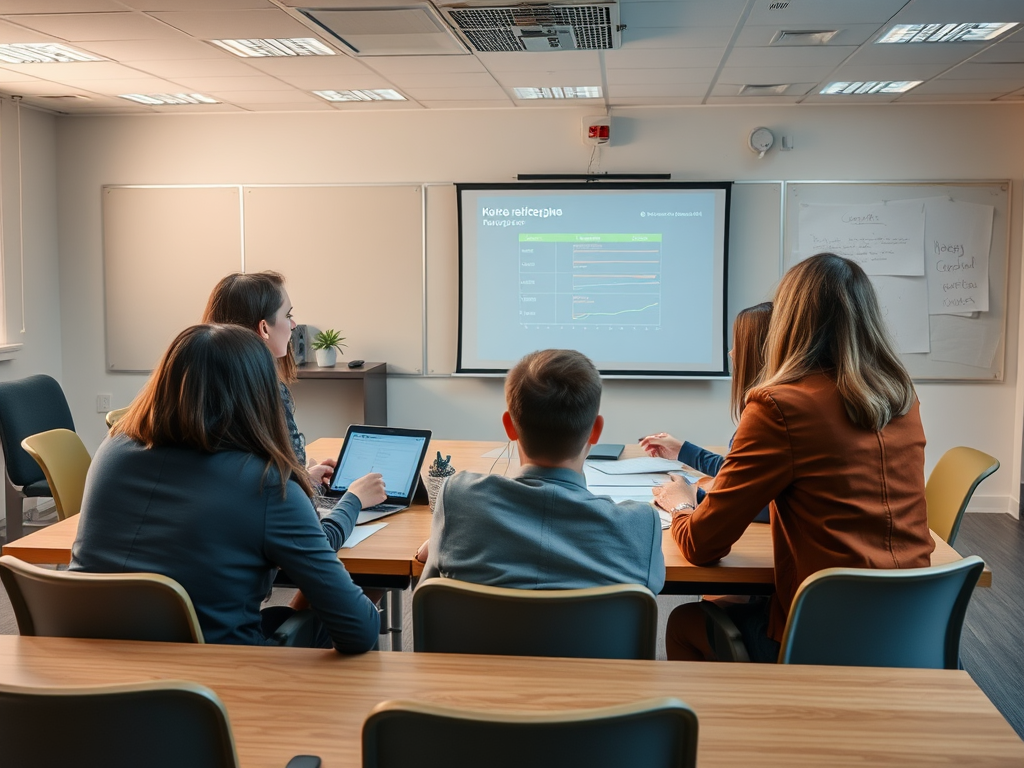 A group of professionals in a meeting room, discussing a presentation on a screen, with laptops and notes on the table.