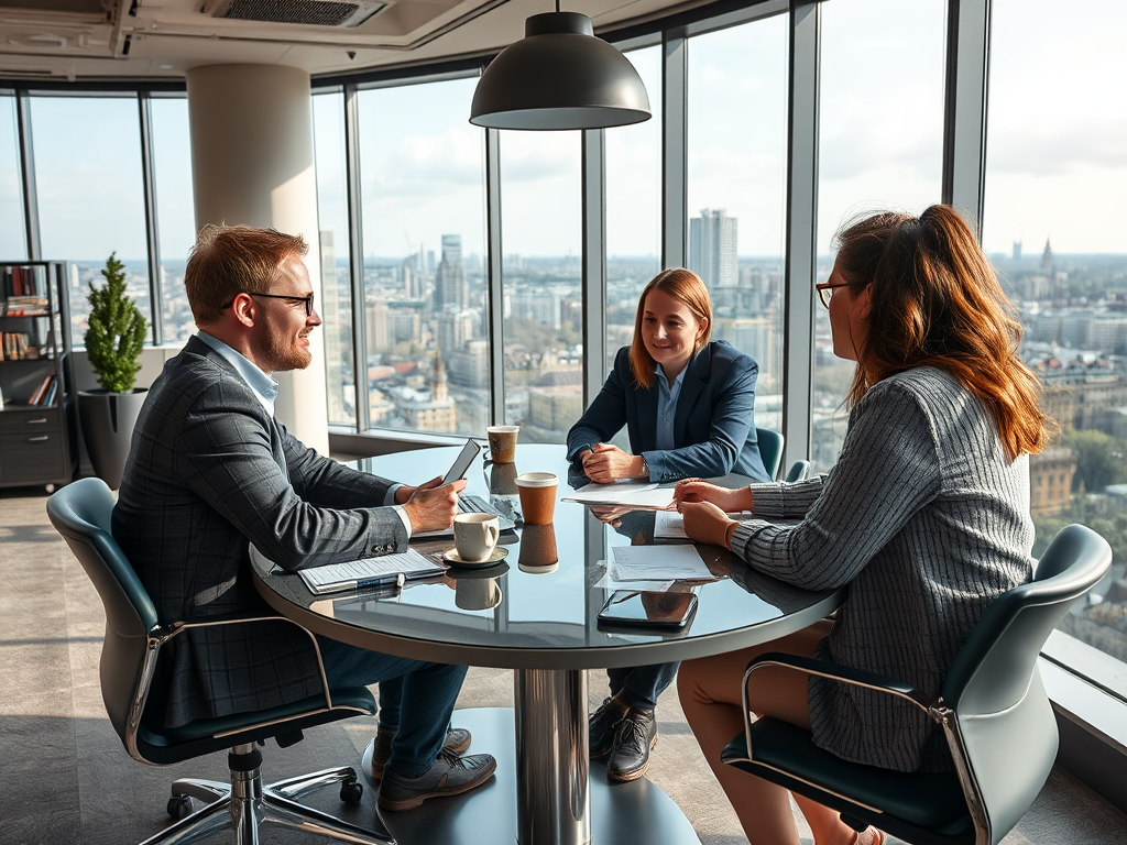 Three professionals are engaged in a meeting around a round table with a city view in a modern office.
