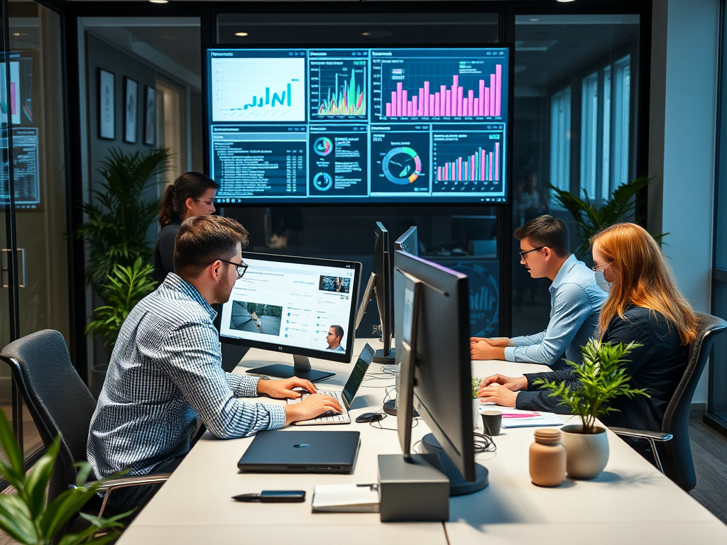 A modern office where four professionals collaborate, focused on their computers and analyzing data on large screens.