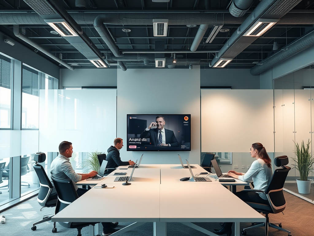 A modern conference room with four people working on laptops and a screen displaying a video presentation.