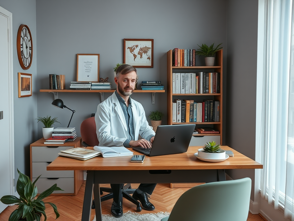 A man in a white coat sits at a wooden desk, working on a laptop in a cozy, book-filled office.