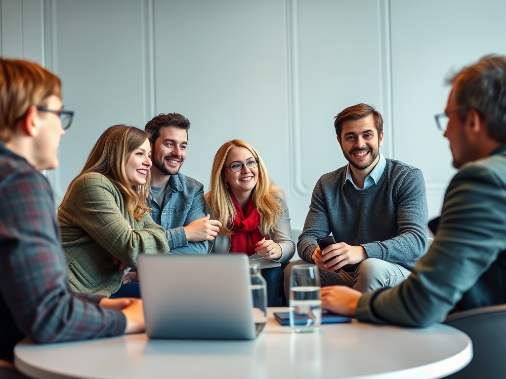 A group of five people sitting around a table, smiling and engaging in conversation in a modern setting.
