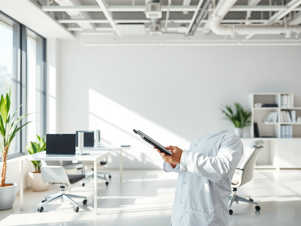 A headless doctor in a white coat holding a clipboard in a modern office with bright natural light.
