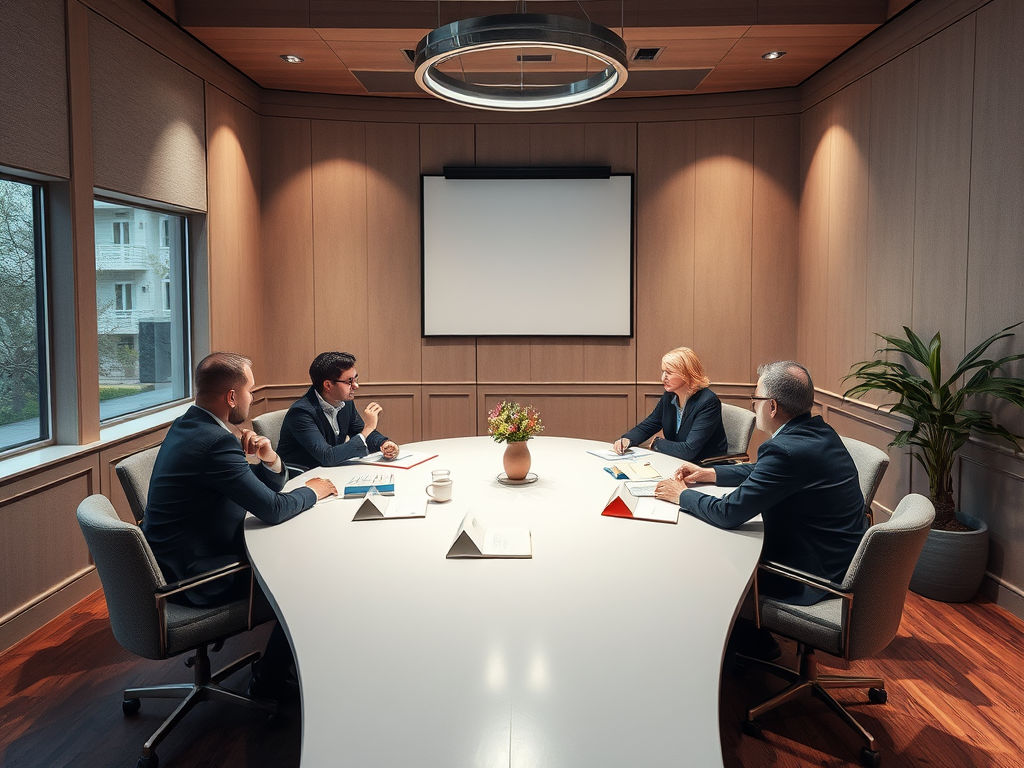 A business meeting with four professionals seated around a large table in a modern conference room.