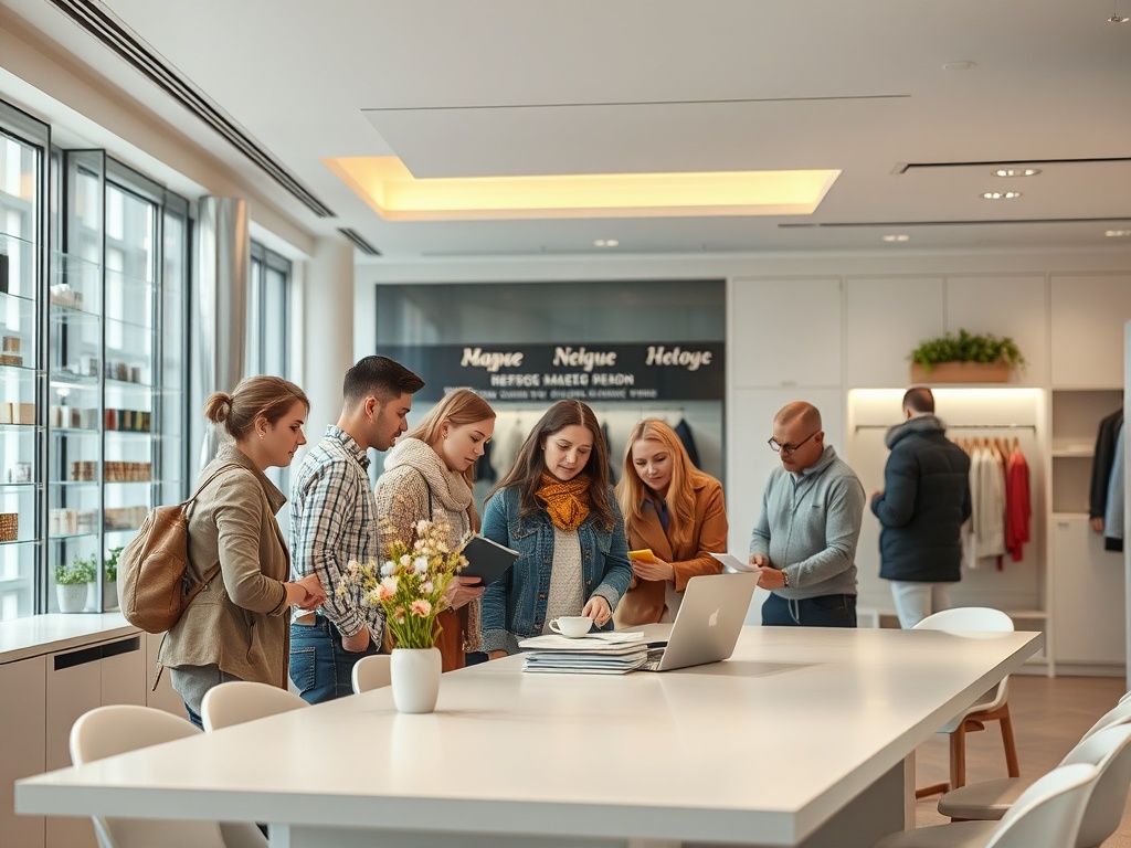 A group of six people is gathered around a table, discussing ideas with a laptop and documents in a bright, modern space.