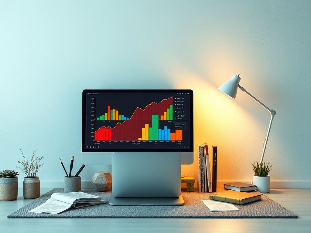 A stylish workspace featuring a computer with colorful graphs, a desk lamp, books, and decorative plants.