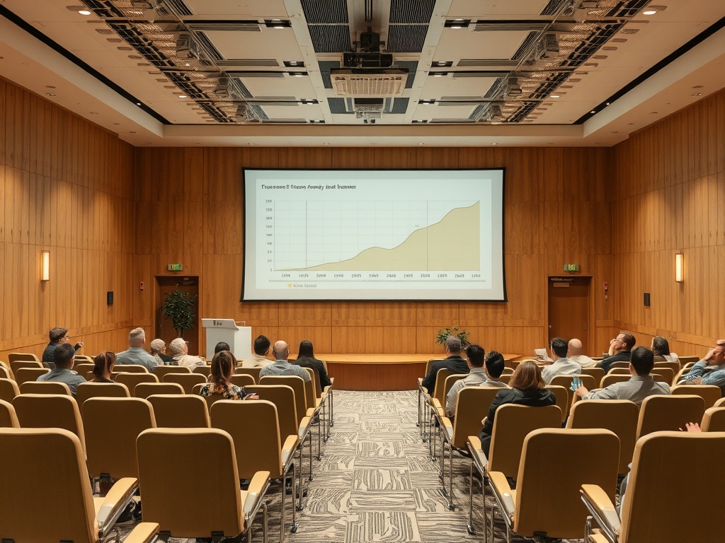 A conference room filled with attendees watching a presentation featuring a growth chart on screen.