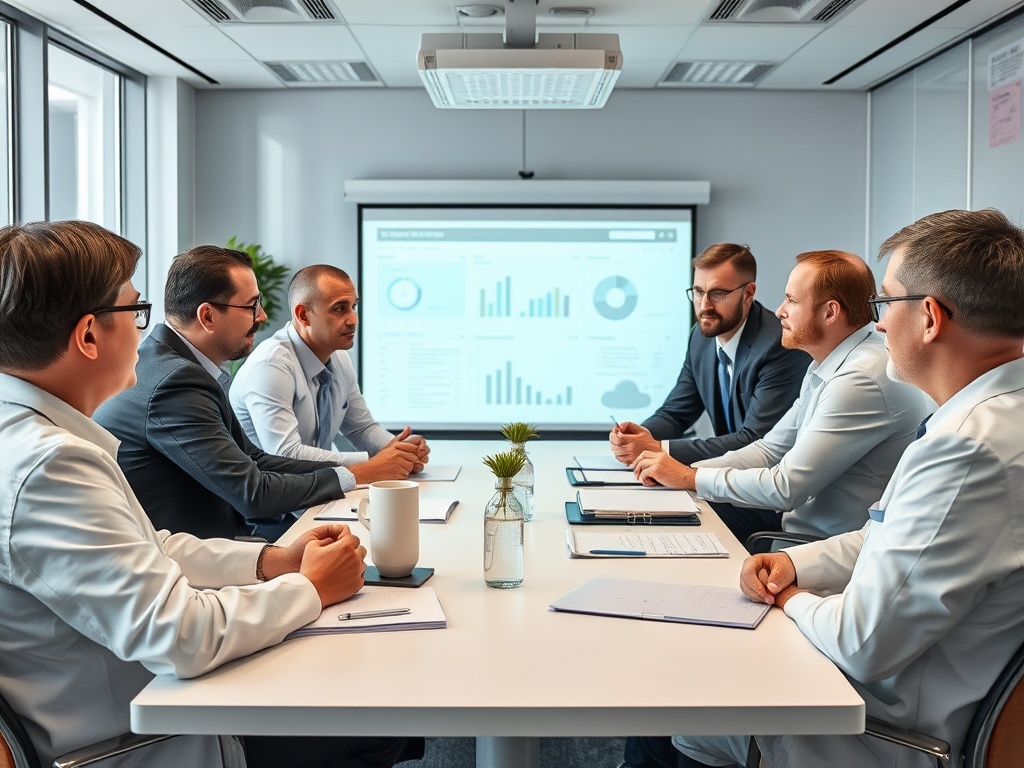 A group of professionals in suits sitting at a conference table, engaged in discussion with charts displayed behind them.