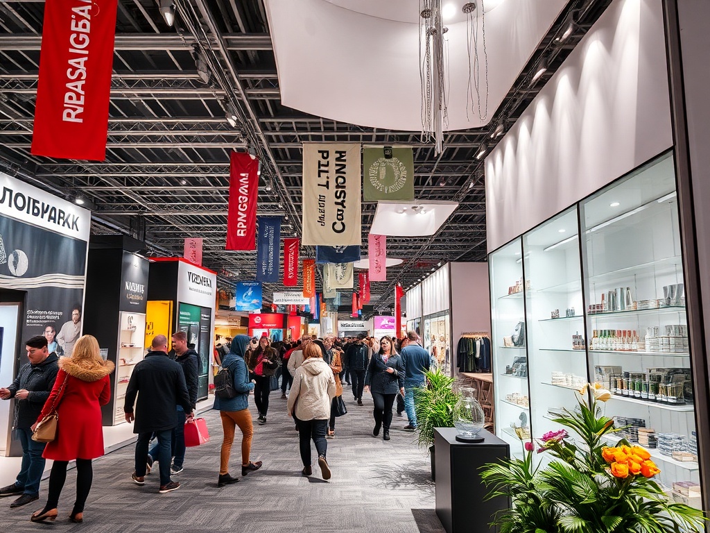A bustling exhibition hall with attendees browsing booths and colorful banners hanging from the ceiling.