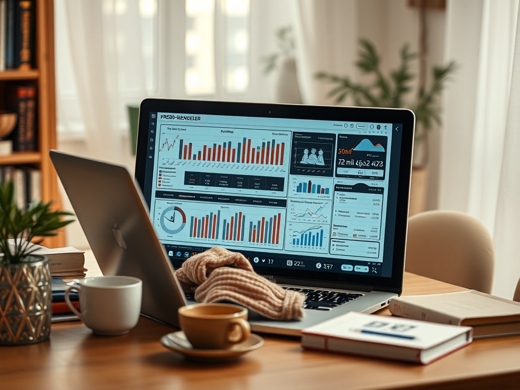 A laptop on a wooden table displays various colorful data analytics and charts, with a coffee cup nearby.