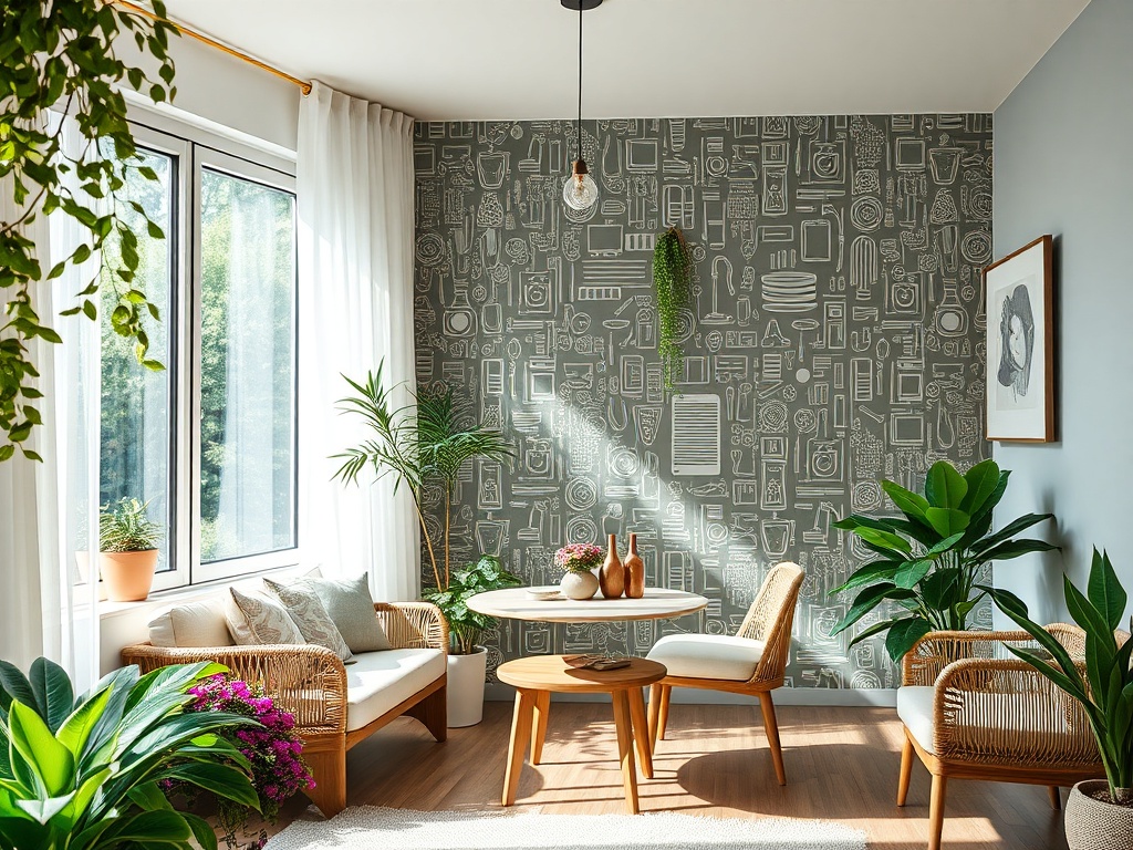 A cozy living room with a round table, rattan chairs, plants, and a patterned gray wall, illuminated by natural light.