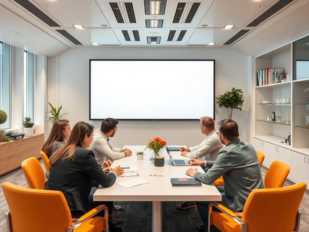 A group of six professionals in a modern conference room, focused on a blank screen during a meeting.