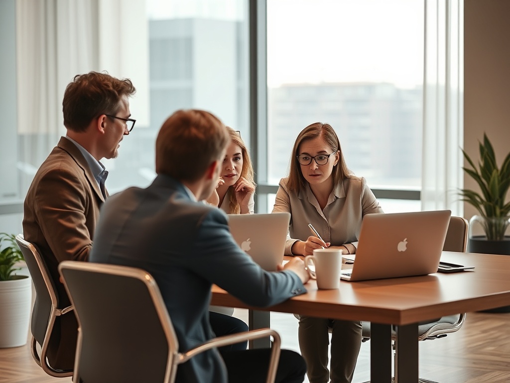 Four professionals sit at a table with laptops, engaged in a discussion in a bright, modern office setting.
