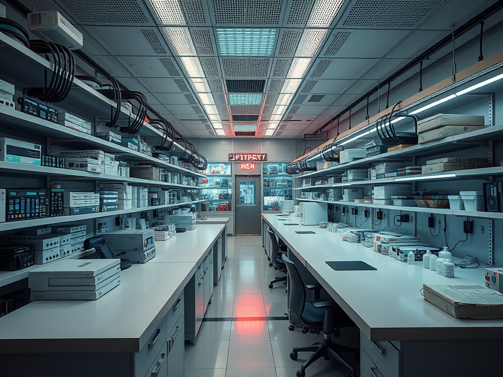 A well-lit lab with shelves of equipment and supplies, featuring white tables and an exit sign in the background.