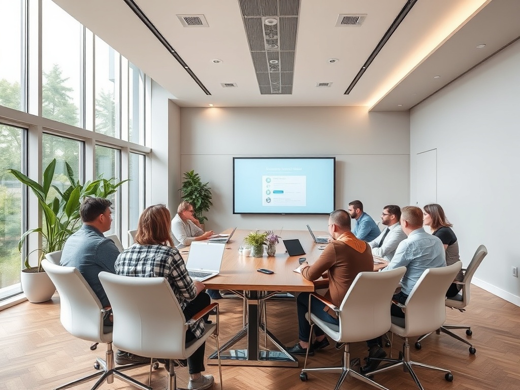 A team meeting in a modern conference room with a presentation screen and participants engaged in discussion.