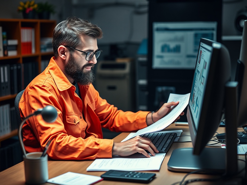 A man in an orange jacket works at a computer, reviewing documents in a modern office setting.
