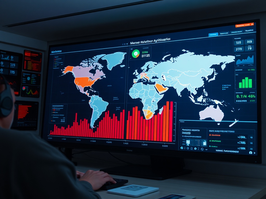 A person viewing a large screen displaying a world map with data analytics graphs and charts in a monitoring setup.