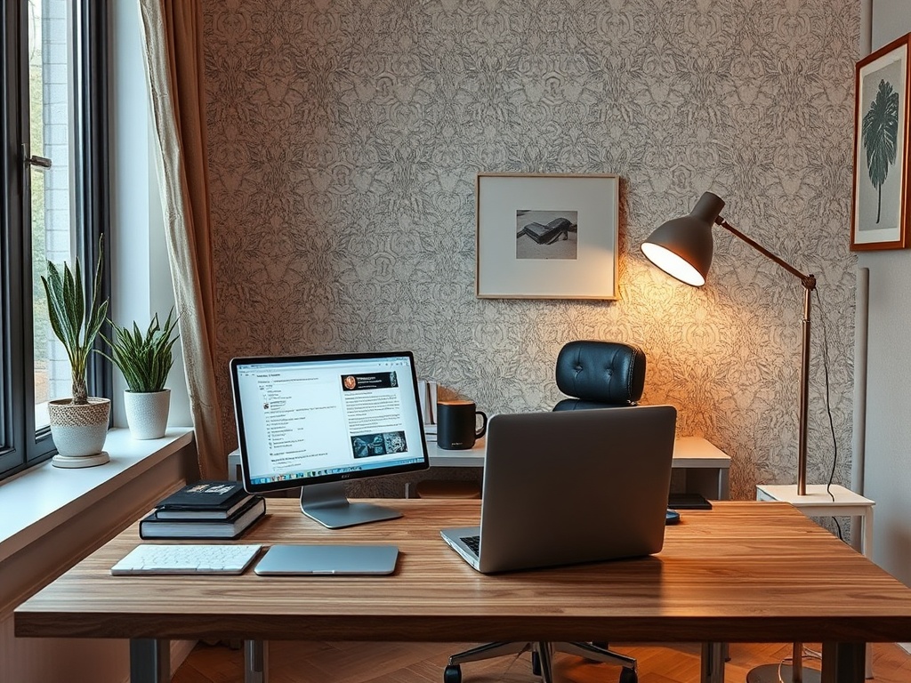 A stylish home office with a wooden desk, laptop, monitor, plant, and a black chair under warm lighting.