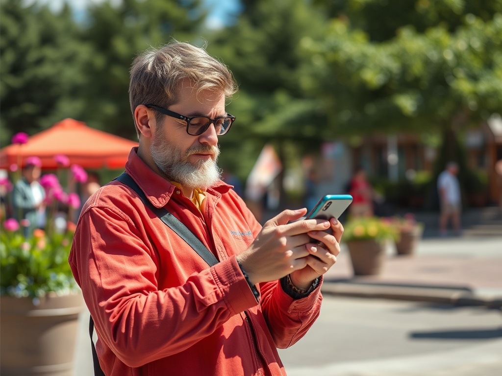 A man with glasses and a beard stands outdoors, focused on his smartphone, surrounded by greenery and flowers.